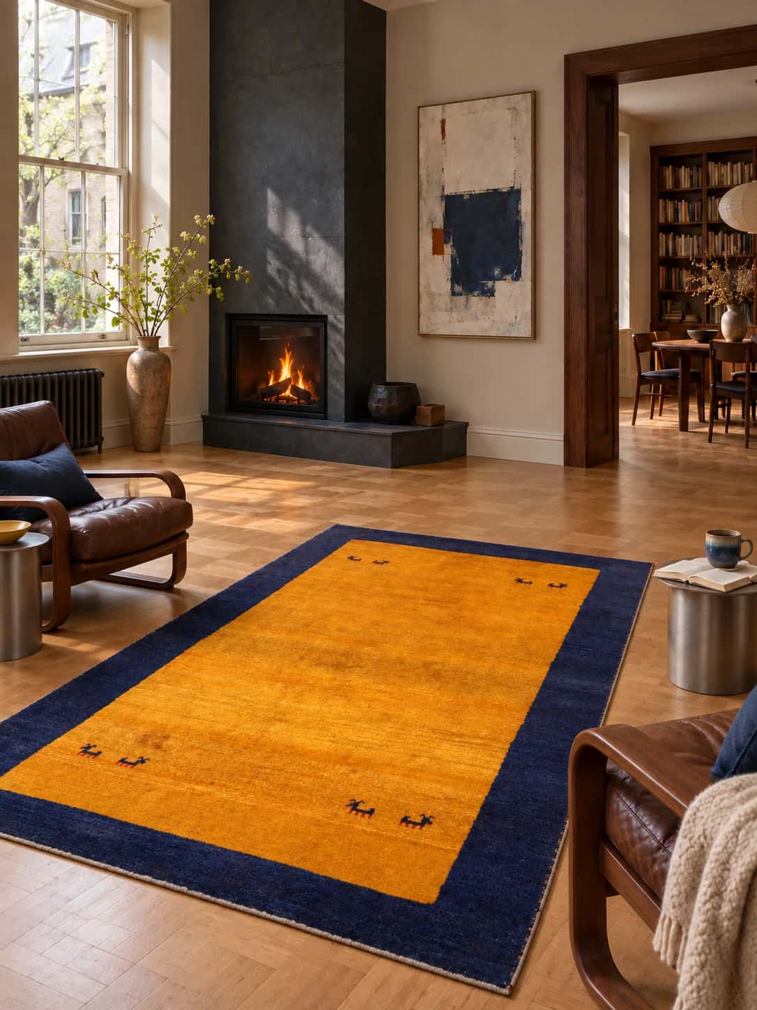 Persian Gabbeh rug, oriental, 155x252 cm, mainly yellow — In a room