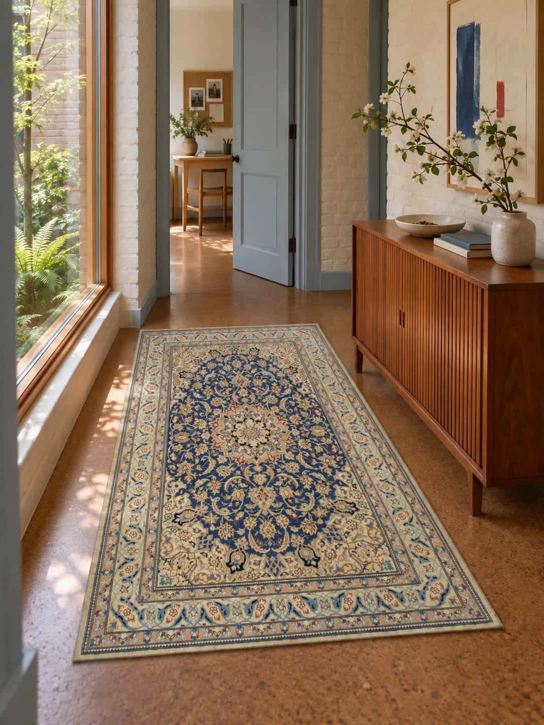 Persian Nain rug, floral, 122x203 cm, mainly blue — In a room