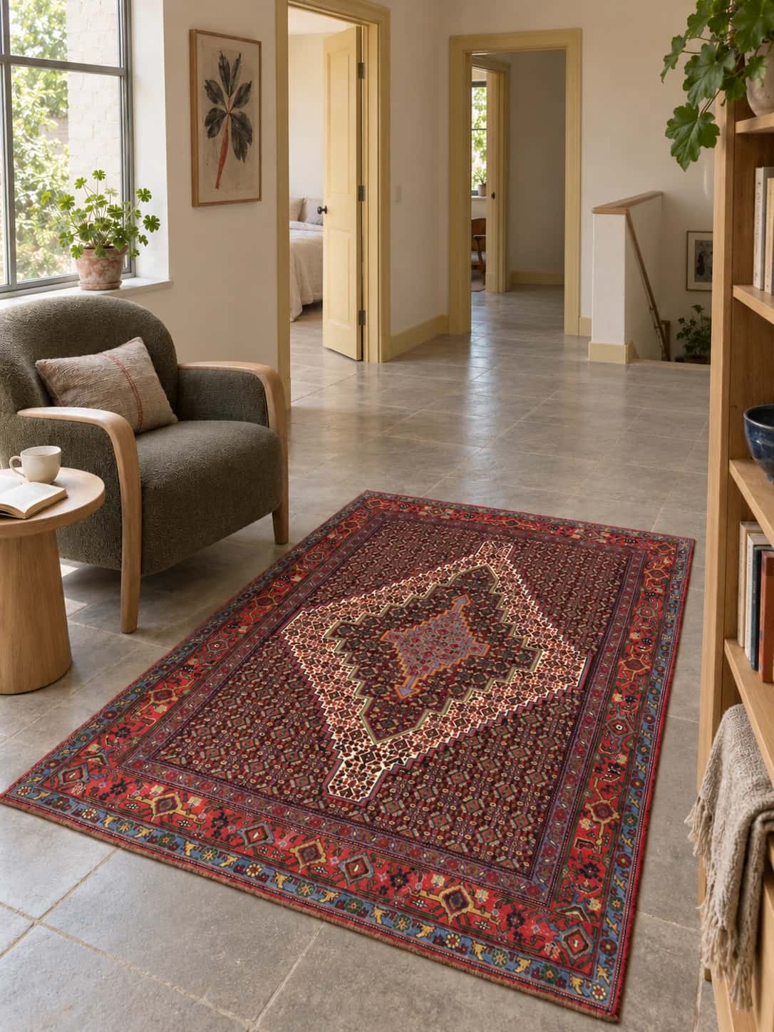 Persian Sanandaj rug, oriental, 130x182 cm, multicoloured — In a room