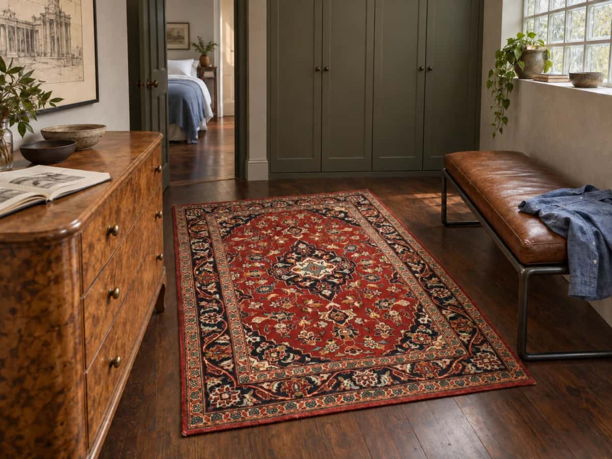 Persian Kashan rug, floral, 111x143 cm, mainly red — In a room