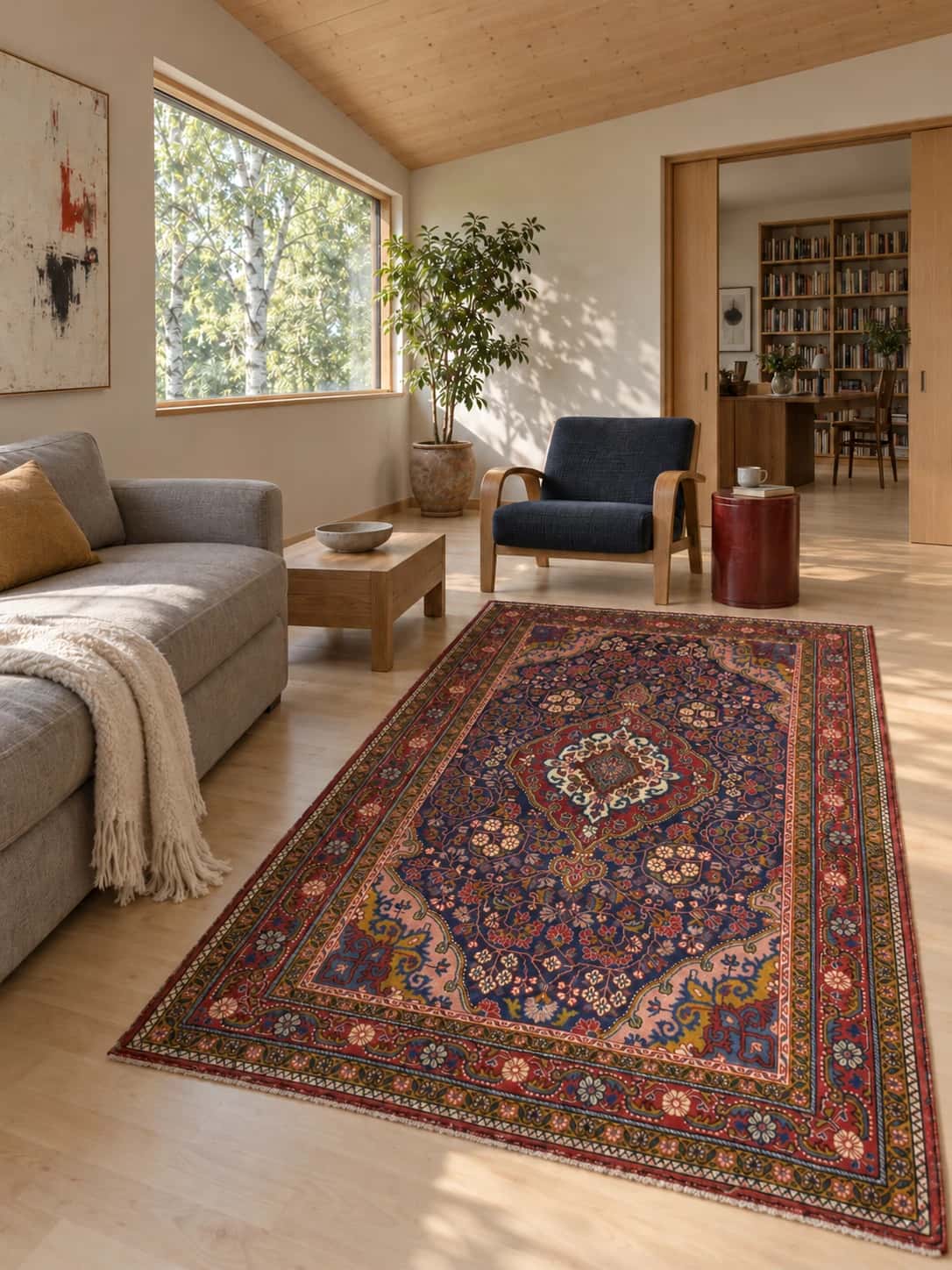 Persian Malayer rug, oriental, 131x209 cm, mainly red and blue — In a room