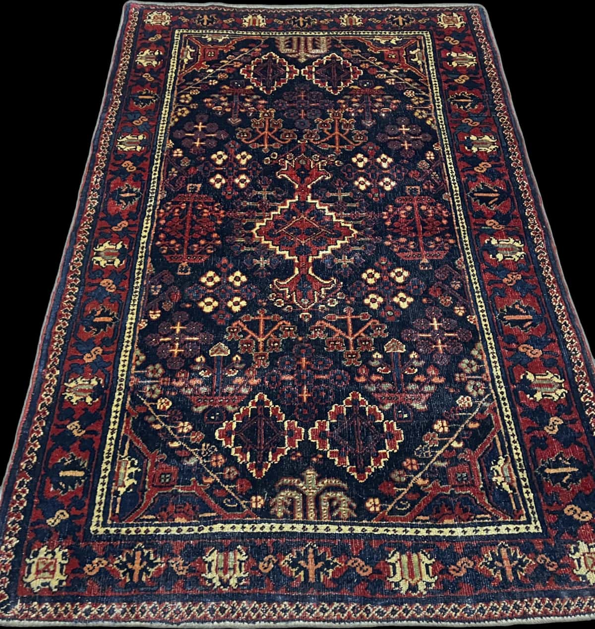 Persian rug of Kerman style in dimensions 157 centimeters length by 100 centimeters width with mainly red and blue colors — Perspective