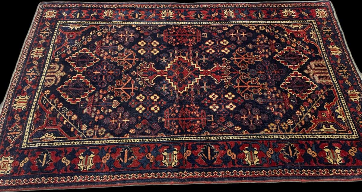 Persian rug of Kerman style in dimensions 157 centimeters length by 100 centimeters width with mainly red and blue colors — Perspective