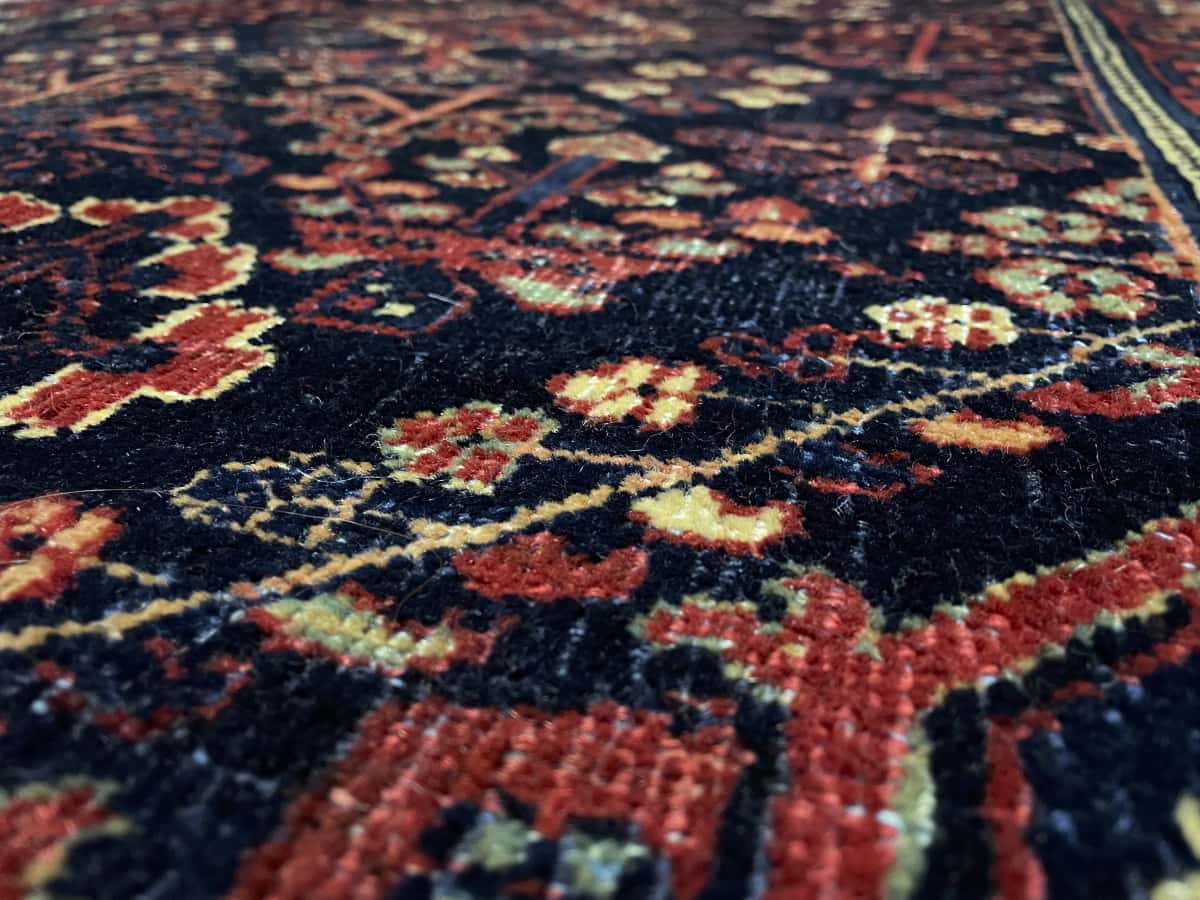 Persian rug of Kerman style in dimensions 157 centimeters length by 100 centimeters width with mainly red and blue colors — Texture close-up