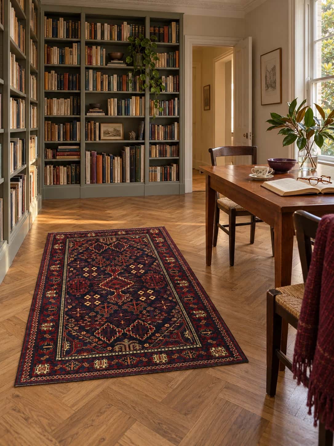 Persian Kerman rug, oriental, 100x157 cm, mainly red and black — In a room