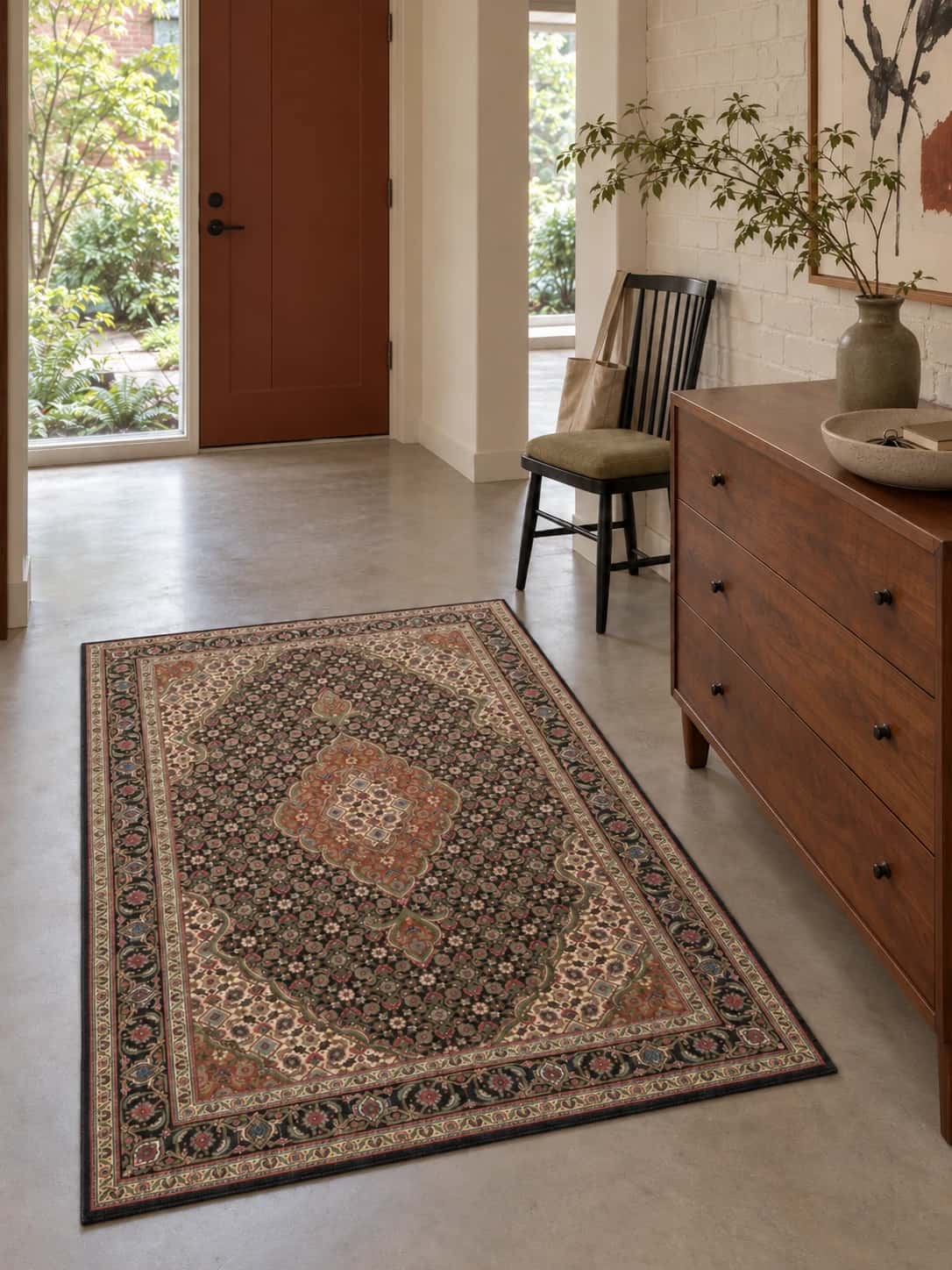 Persian Khoy rug, floral, 100x150 cm, mainly brown and black — In a room