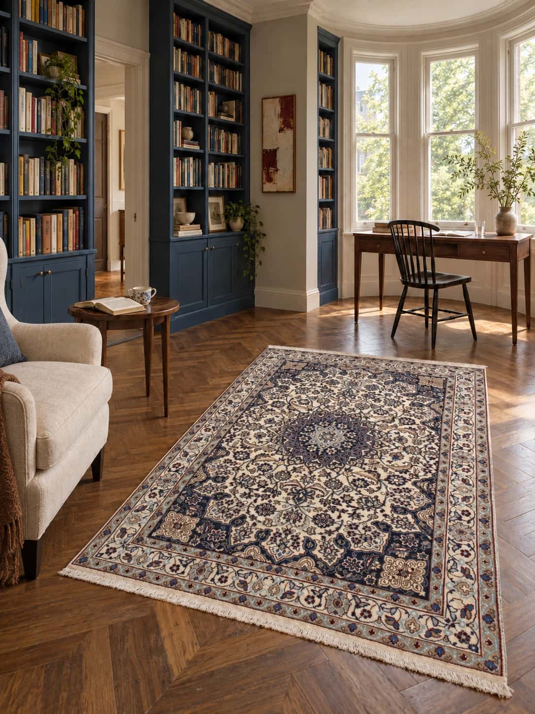 Persian Nain rug, oriental, 122x202 cm, mainly blue and cream — In a room