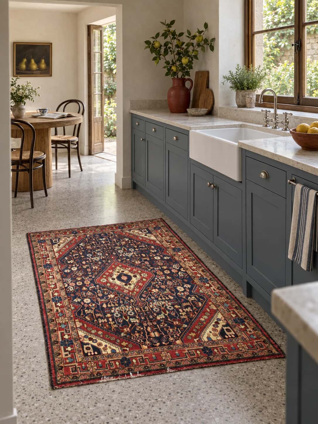Persian Malayer rug, oriental, 114x163 cm, mainly red and blue — In a room