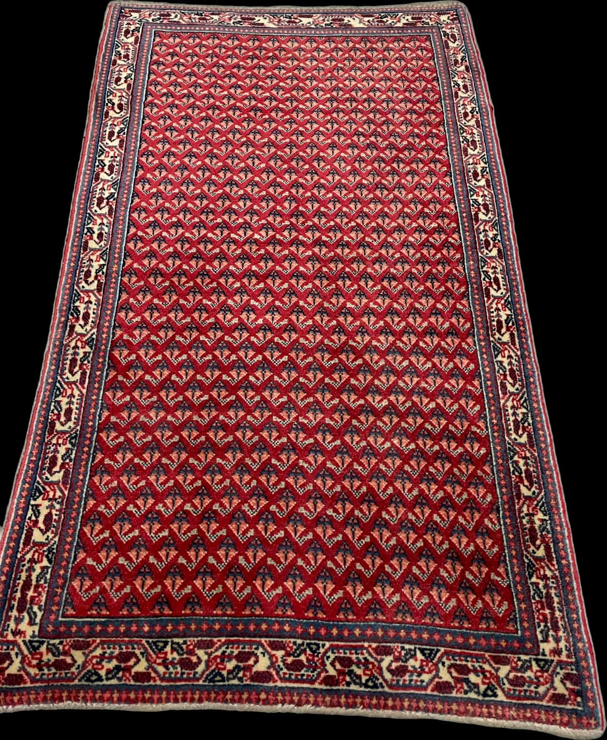 persischer Teppich im Arak Stil in den Maßen 115 Zentimeter Länge mal 67 Zentimeter Breite mit überwiegend rot und blau Farben — Perspektive