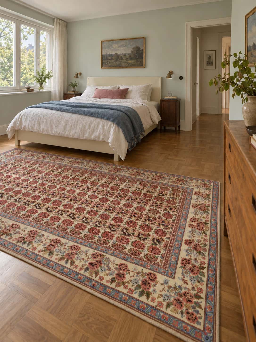 Persian rug, floral, 211x306 cm, mainly beige and pink — In a room