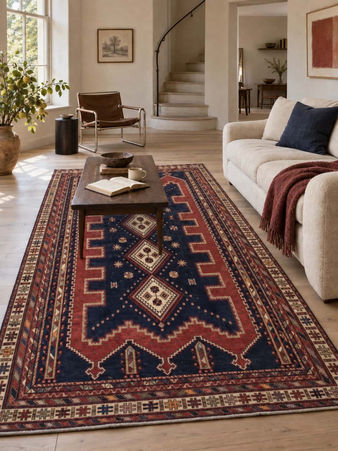 Persian rug, 180x310 cm, mainly blue and red — In a room
