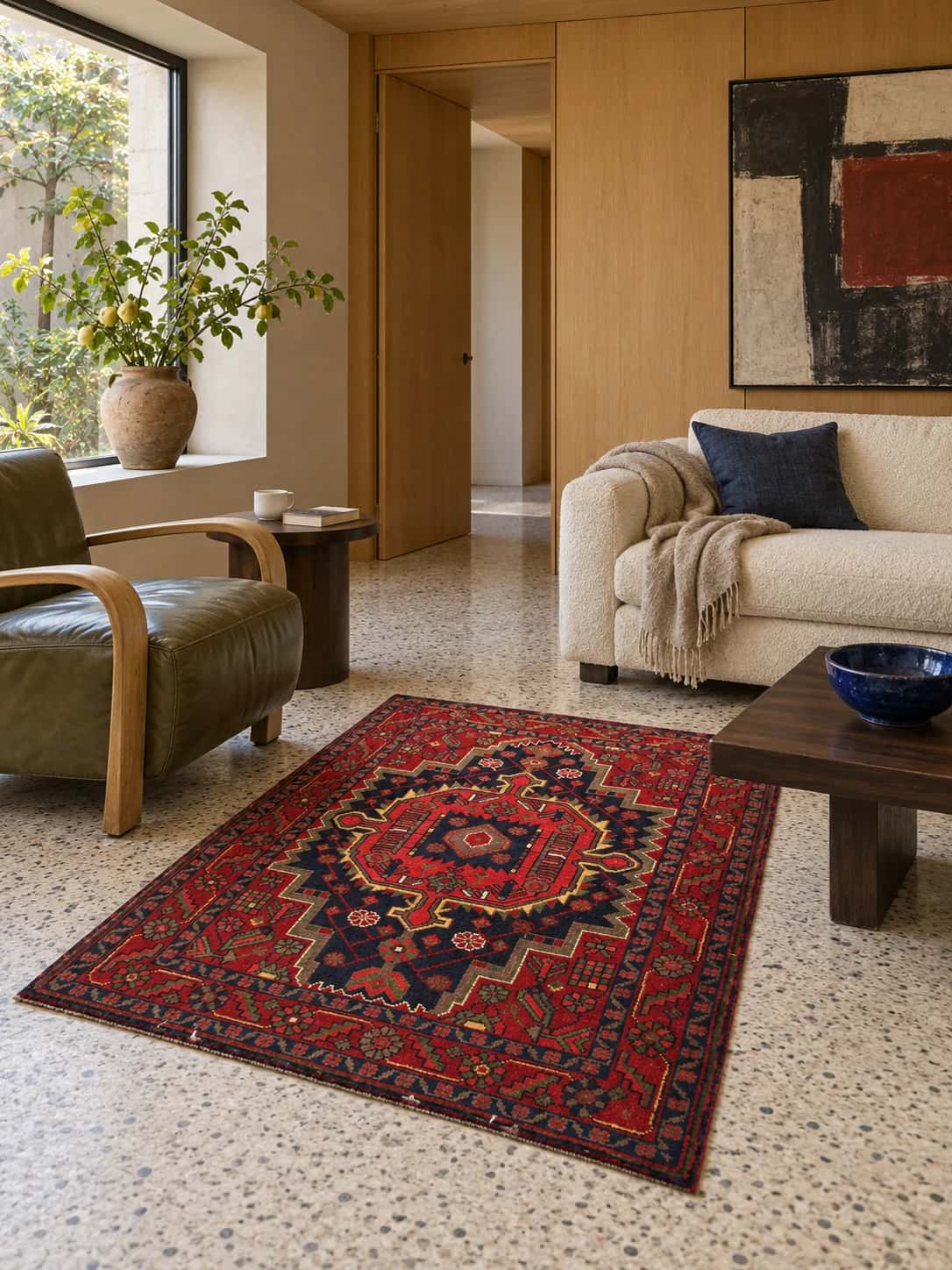 Persian Nahavand rug, oriental, 115x155 cm, mainly red — In a room