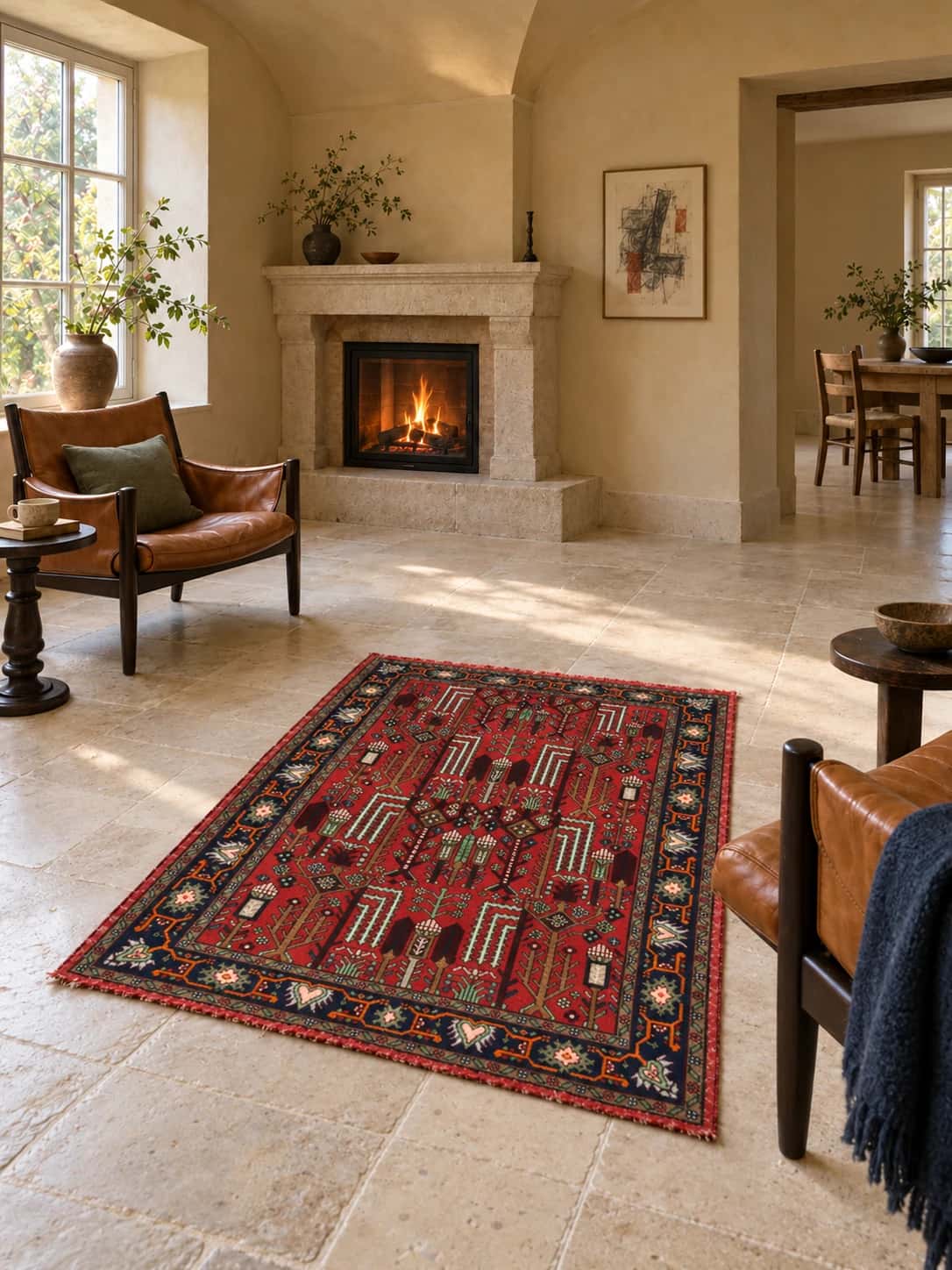 Persian Nasrabad rug, floral, 112x162 cm, mainly red — In a room