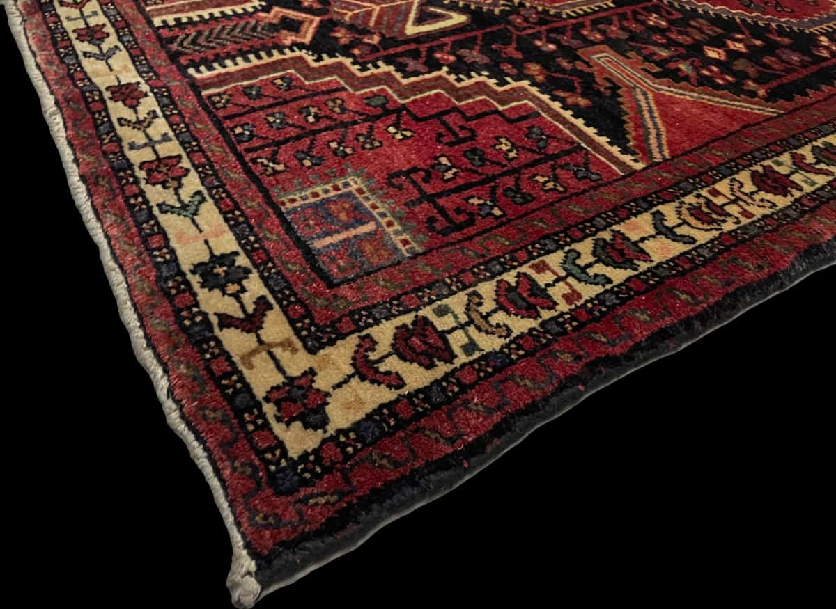 Persian rug of Hamadan style in dimensions 170 centimeters length by 103 centimeters width with mainly red and blue colors — Corner & edge