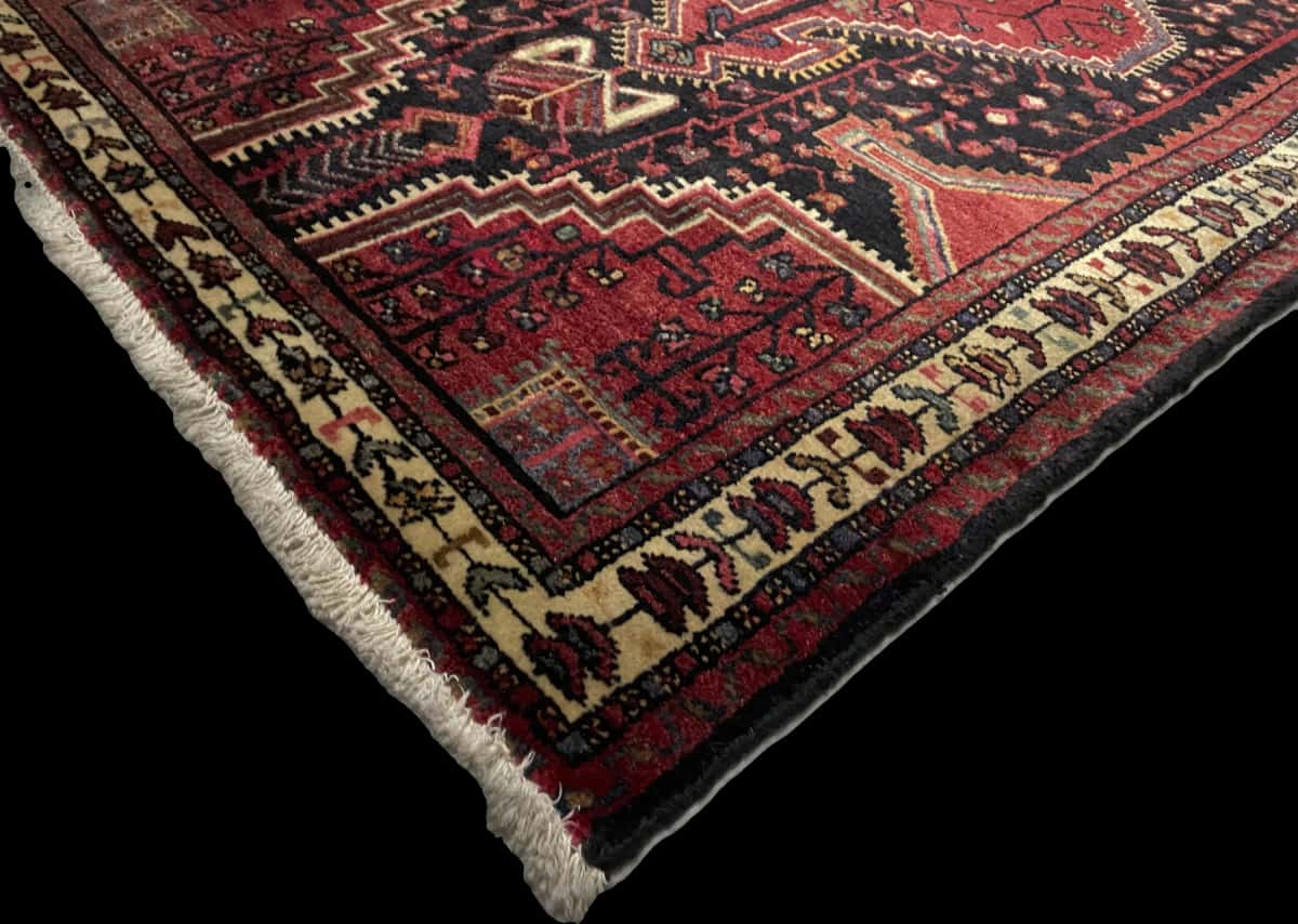 Persian rug of Hamadan style in dimensions 170 centimeters length by 103 centimeters width with mainly red and blue colors — Corner & edge