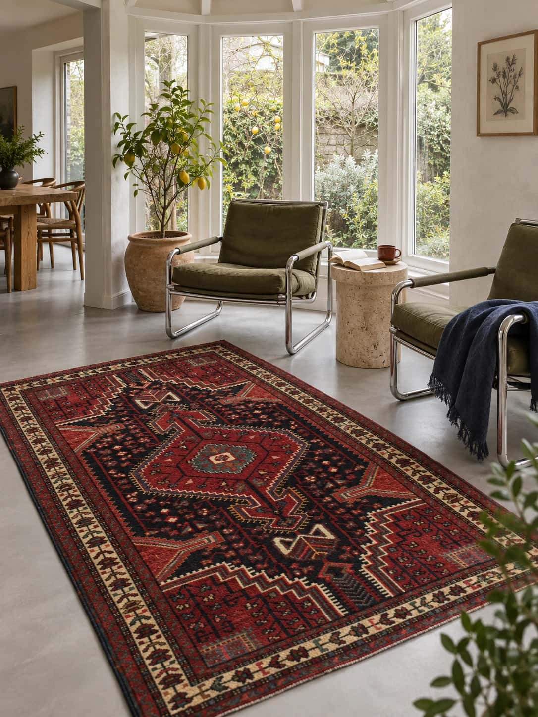Persian Hamadan rug, oriental, 103x170 cm, mainly red and blue — In a room