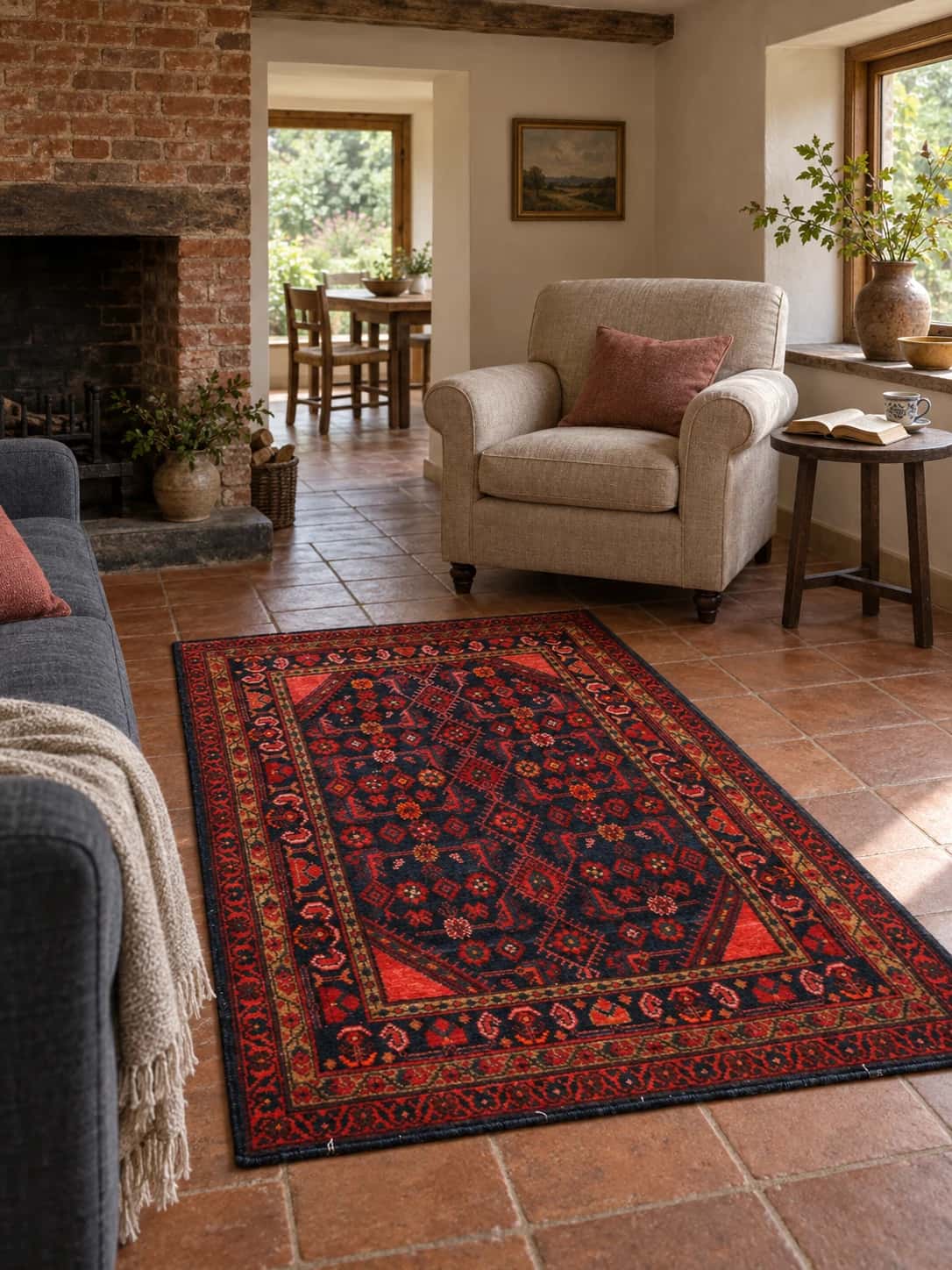 Persian Turkoman rug, oriental, 106x164 cm, mainly red and black — In a room