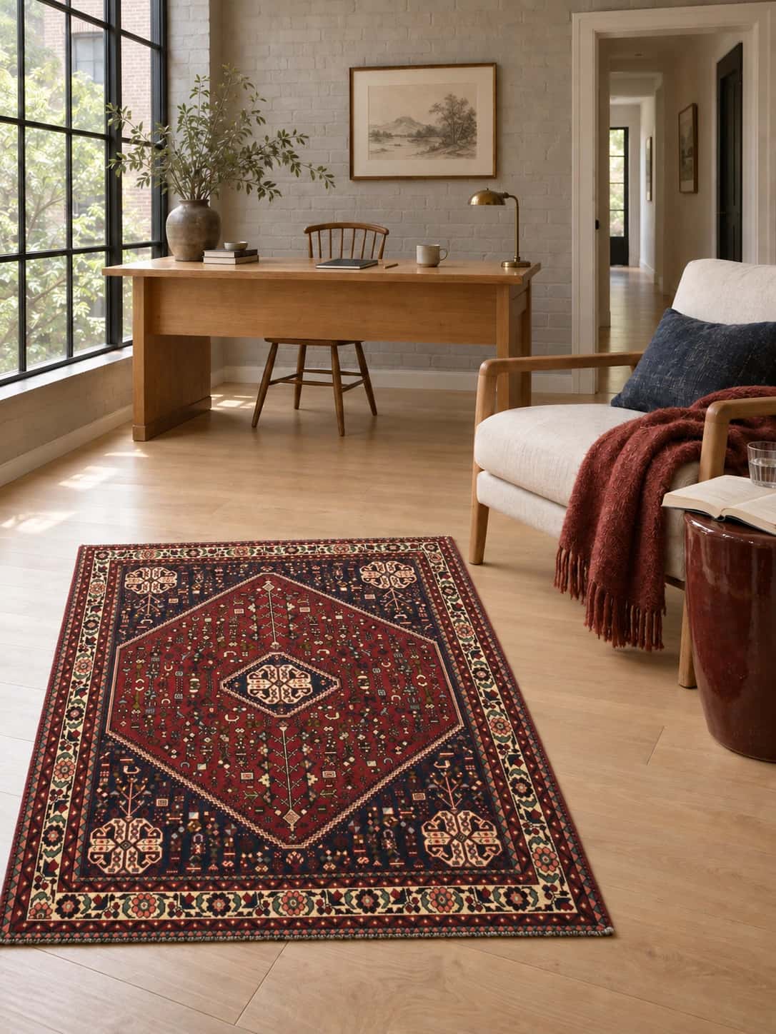 Persian Abadeh rug, oriental, 109x152 cm, mainly red and brown — In a room