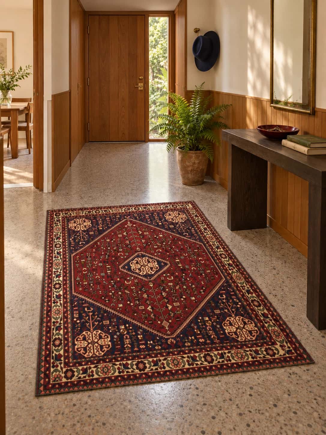 Persian Abadeh rug, oriental, 109x152 cm, mainly red and brown — In a room