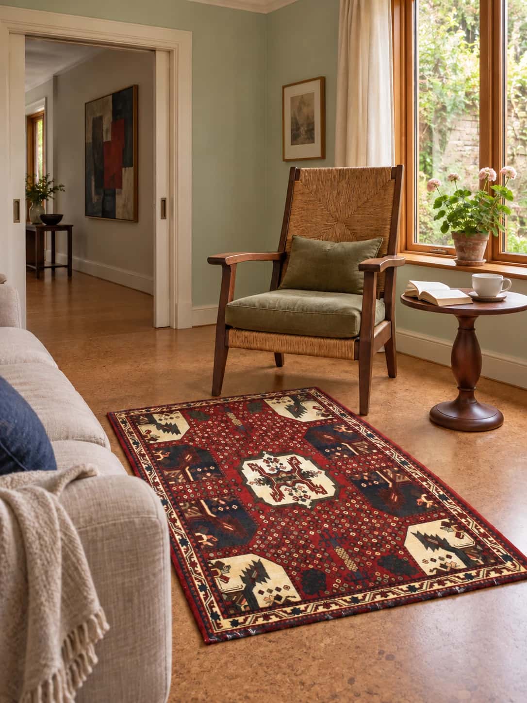 Alfombra persa Shahr-e Babak, oriental, 107x162 cm, principalmente en rojo — En una habitación