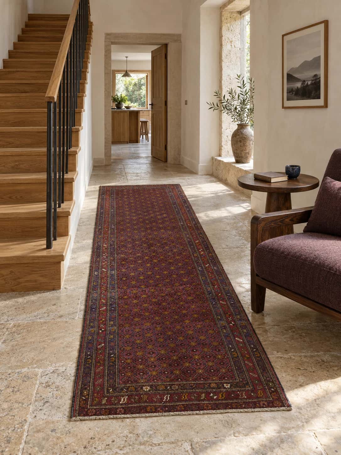 Persian rug, 100x258 cm, mainly purple — In a room