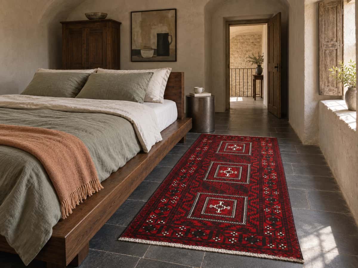 Perzisch tapijt Beloetsj, oosters, 107x208 cm, overwegend rood — In een kamer