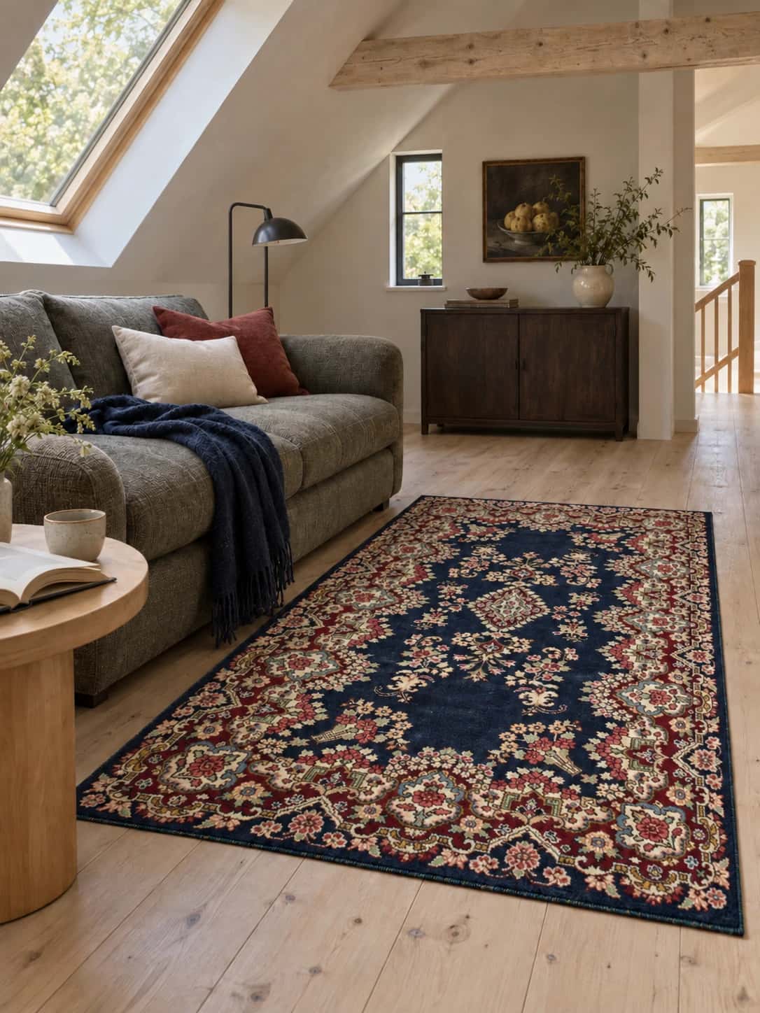 Persian Kerman rug, oriental, 123x217 cm, mainly red and blue — In a room