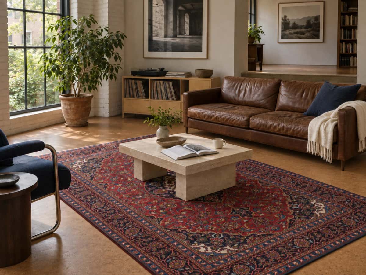Persian rug, floral, 195x285 cm, mainly red and blue — In a room