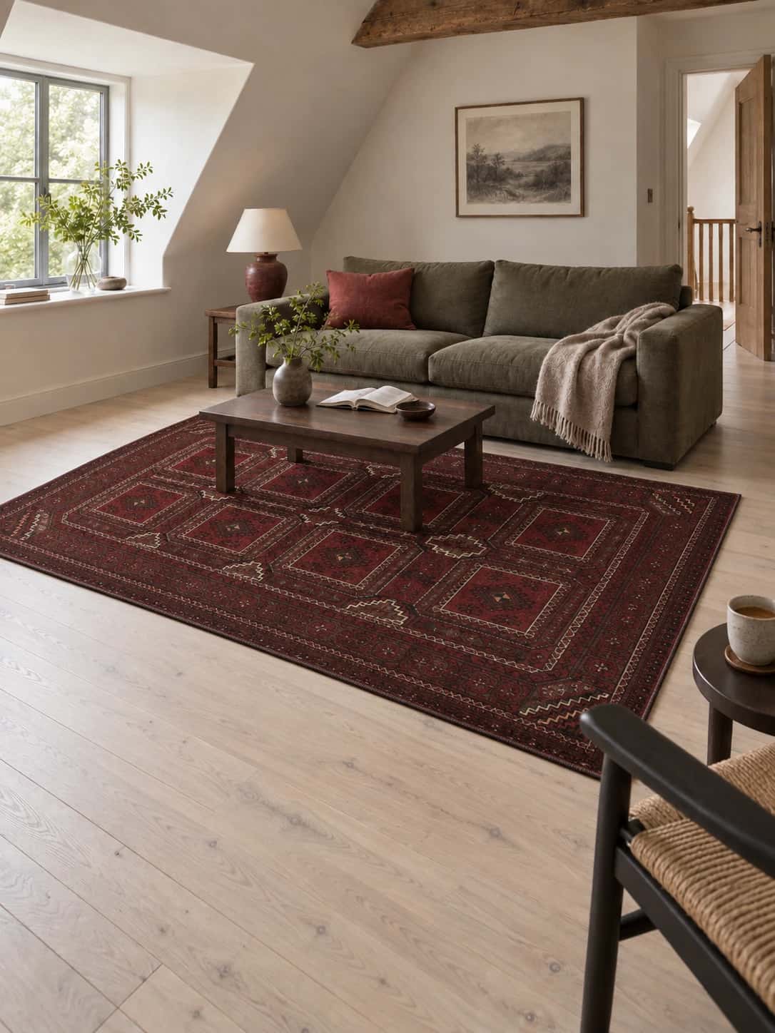 Persian rug, oriental, 173x270 cm, mainly red and black — In a room