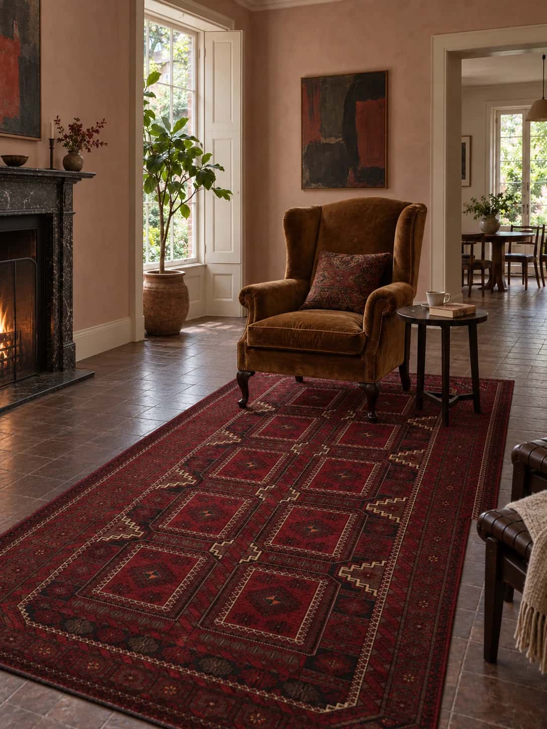 Persian rug, oriental, 173x270 cm, mainly red and black — In a room