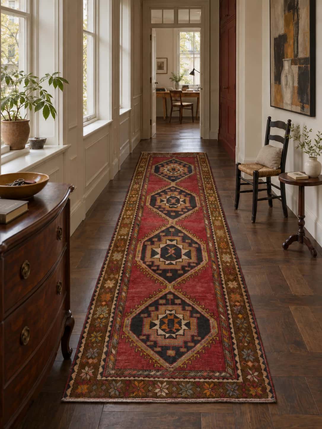 Alfombra persa, oriental, 110x395 cm, principalmente en rojo — En una habitación