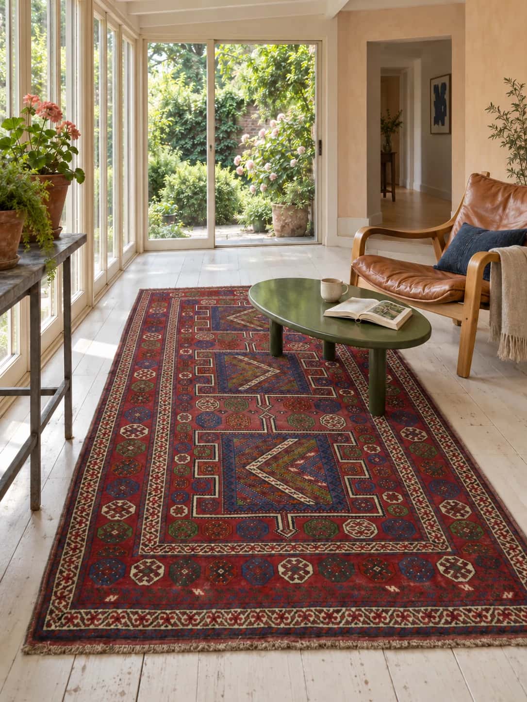 Persian rug, geometric, 155x266 cm, mainly red — In a room