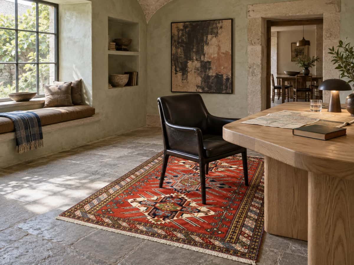 Persian Quchan rug, oriental, 130x170 cm, mainly orange — In a room