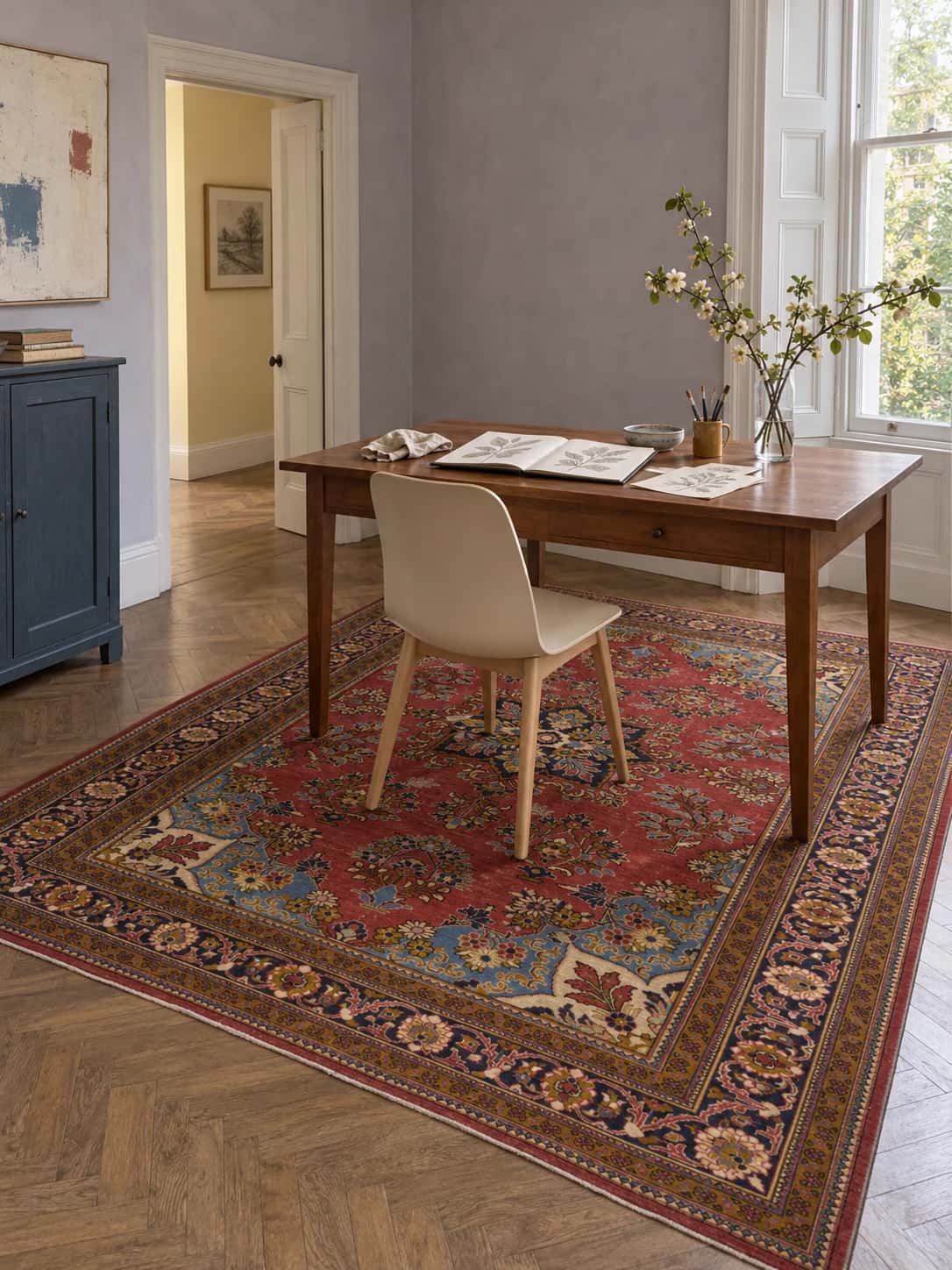 Persian rug, floral, 205x245 cm, mainly red — In a room