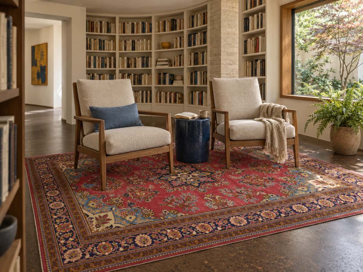 Persian rug, floral, 205x245 cm, mainly red — In a room