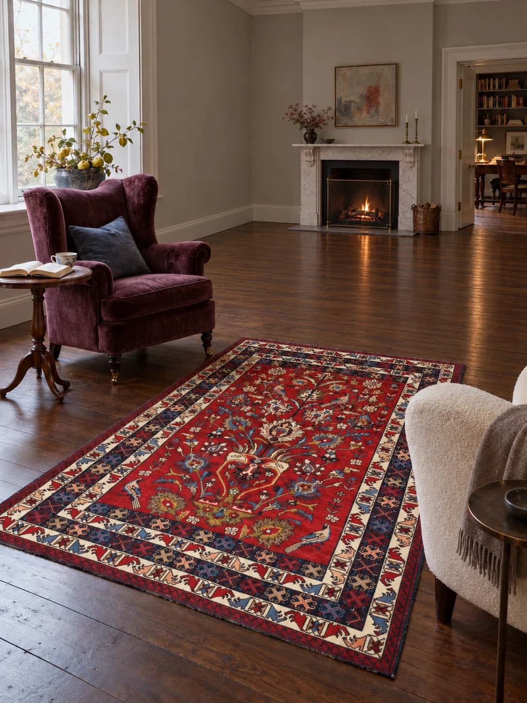 Persian Baluch rug, floral, 137x220 cm, mainly red and blue — In a room