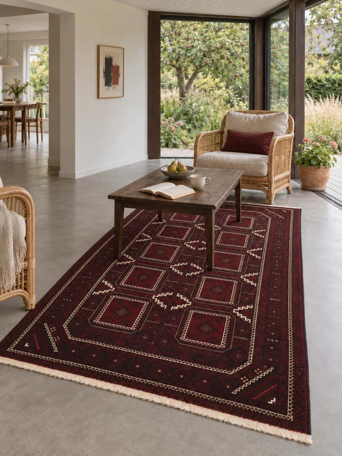 Persian rug, geometric, 160x279 cm, mainly red and black — In a room