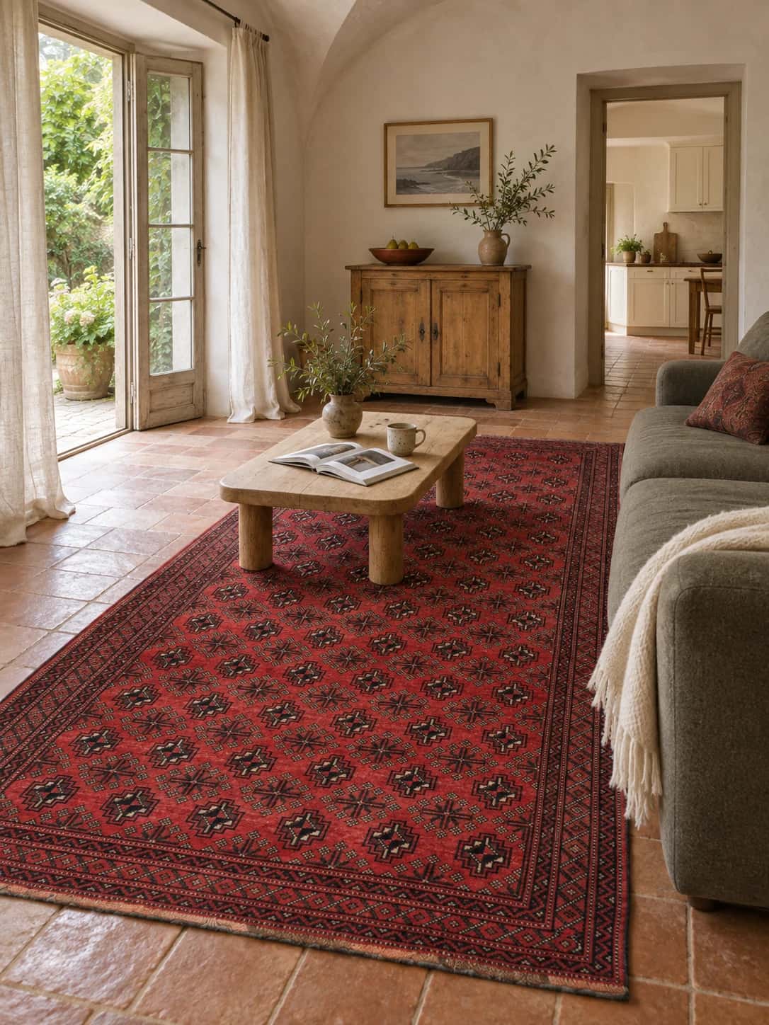 Persian rug, geometric, 150x294 cm, mainly red — In a room