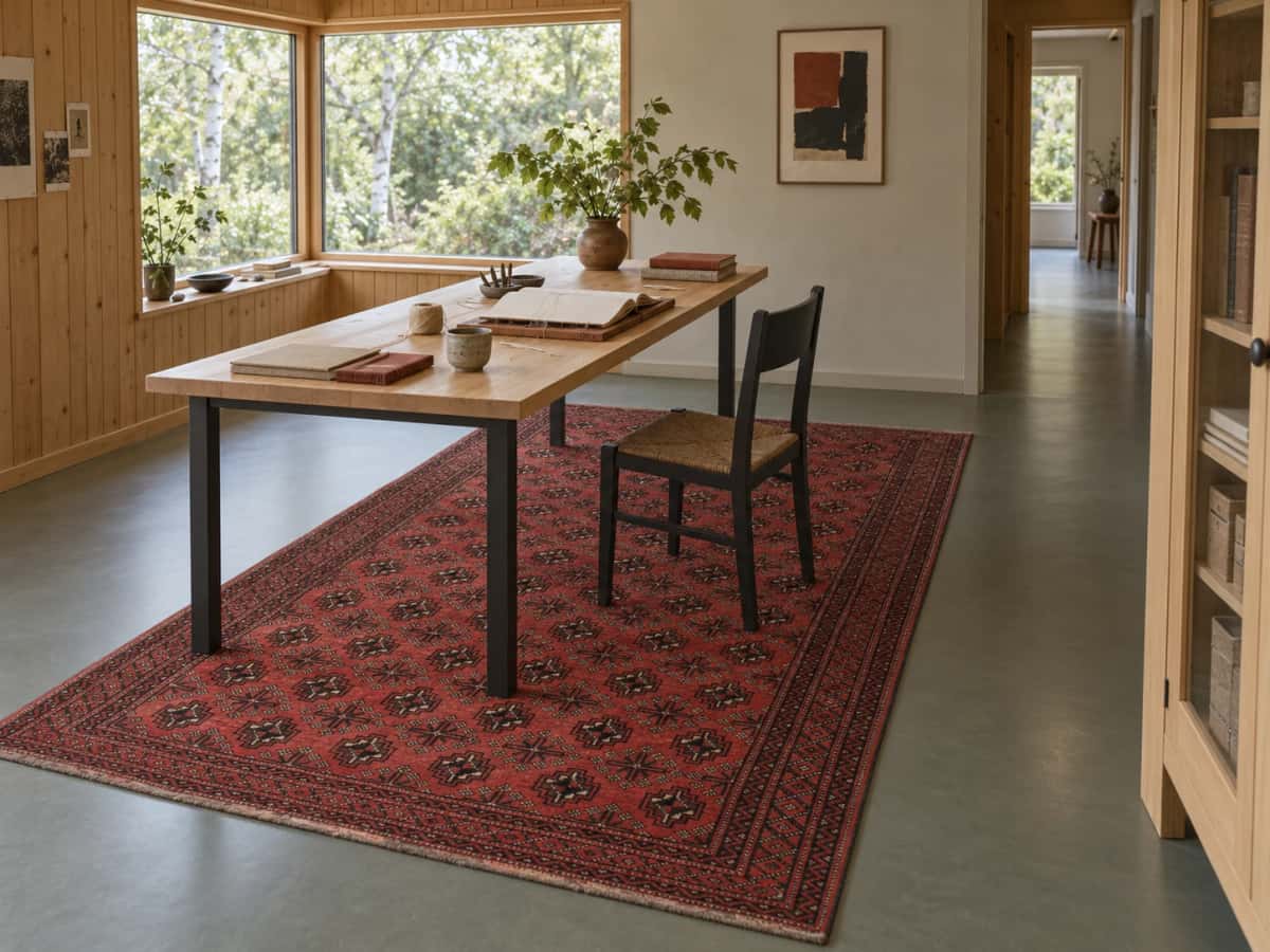 Alfombra persa, geométrica, 150x294 cm, principalmente en rojo — En una habitación