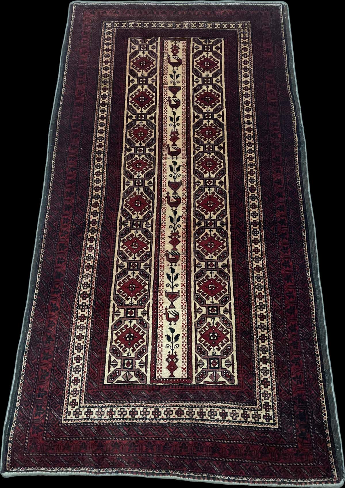Persian rug of Baluch style in dimensions 205 centimeters length by 108 centimeters width with mainly red colors — Perspective