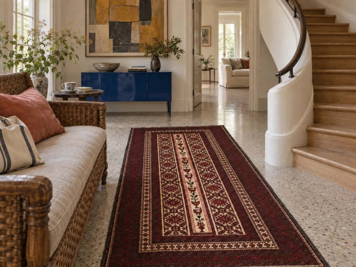 Persian Baluch rug, oriental, 108x205 cm, mainly red — In a room