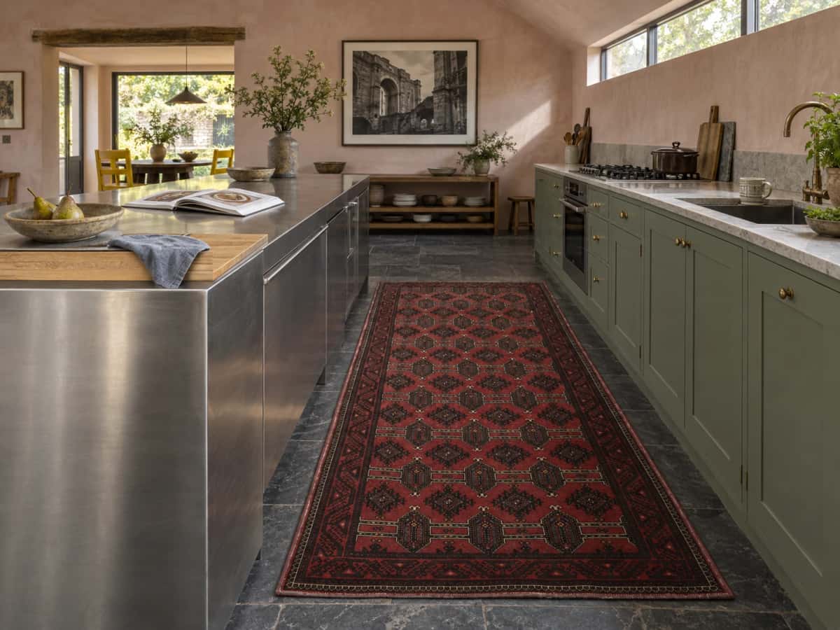 Persian rug, geometric, 145x280 cm, mainly red — In a room