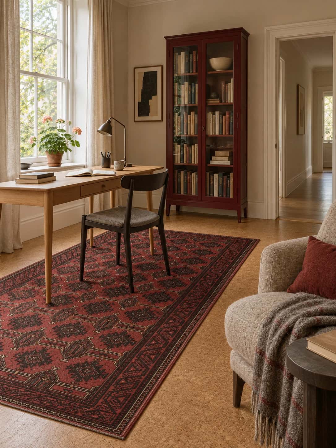 Persian rug, geometric, 145x280 cm, mainly red — In a room