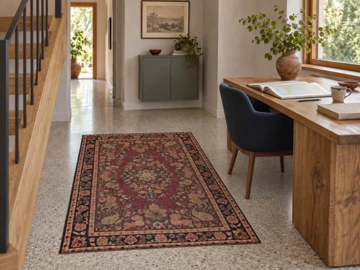 Persian Moshkabad rug, vintage, 124x198 cm, mainly purple — In a room