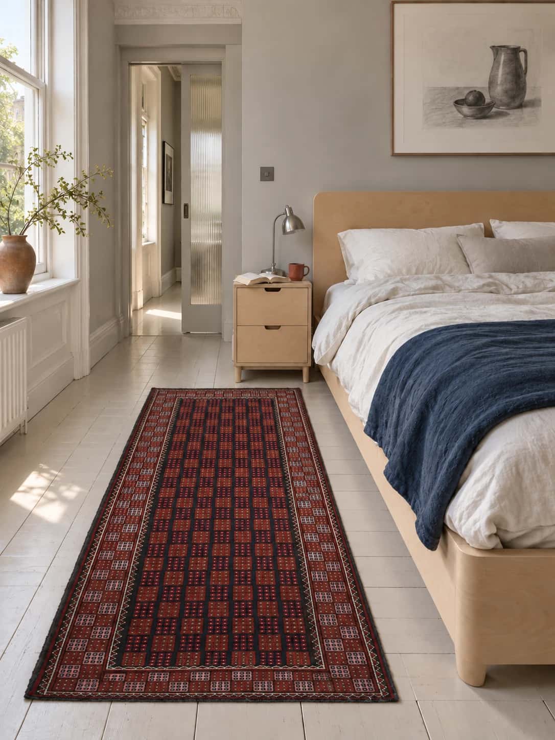 Persian Baluch rug, oriental, 93x170 cm, mainly brown and blue — In a room
