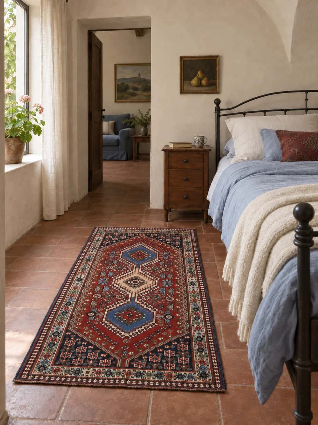 Persian Bakhtiari rug, geometric, 85x148 cm, mainly blue and orange — In a room