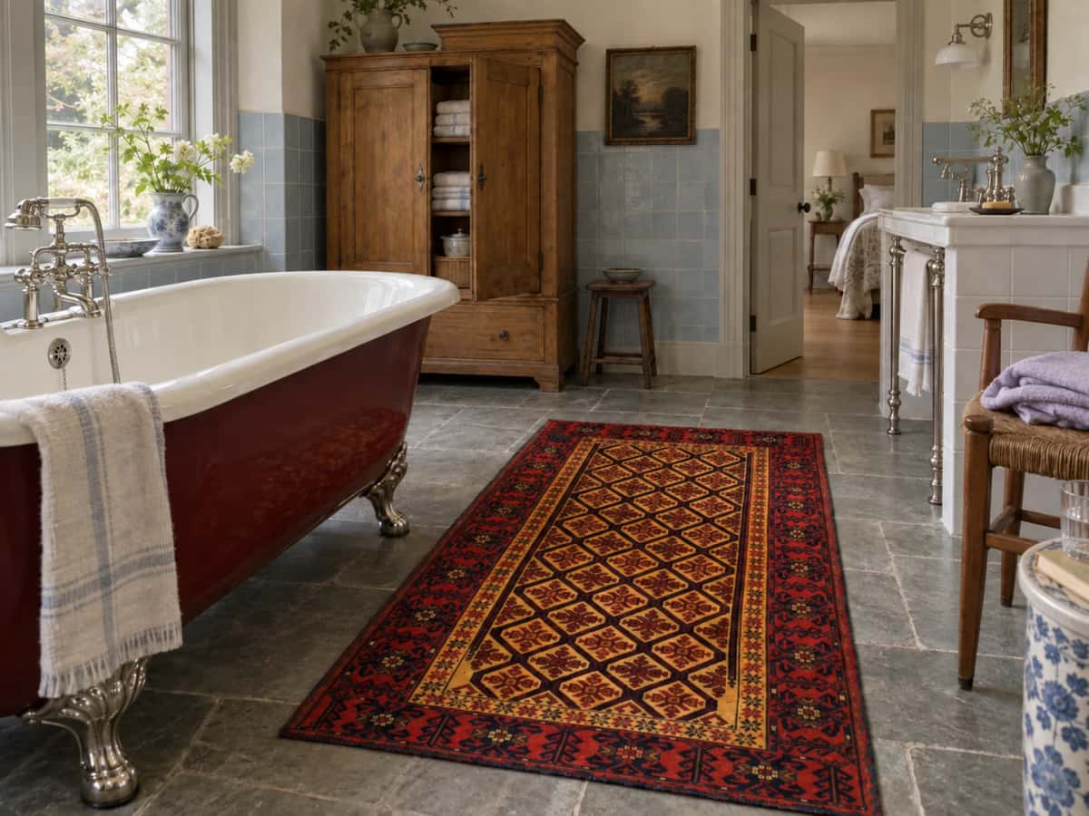 Persian Baluch rug, geometric, 91x176 cm, mainly orange and yellow — In a room