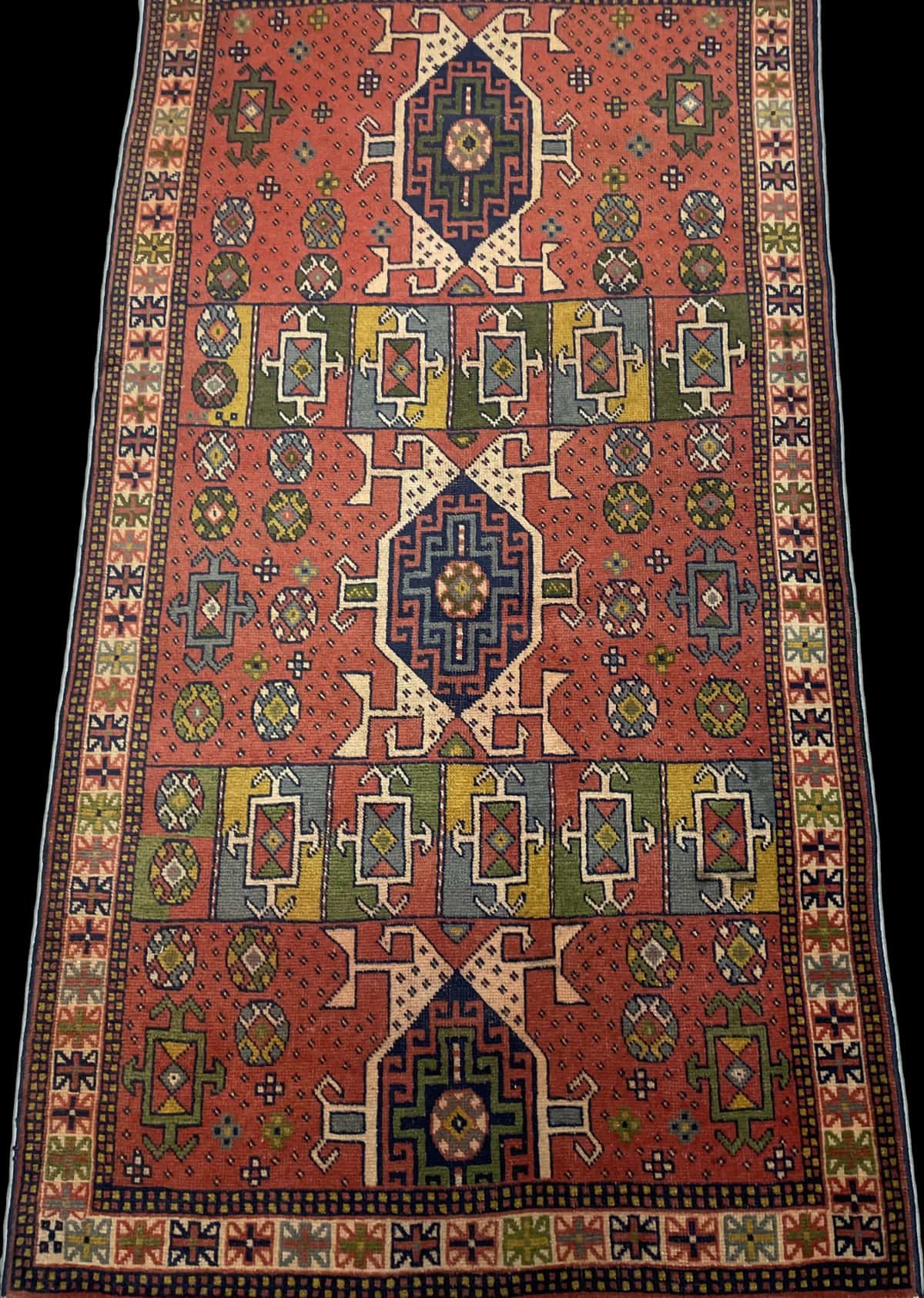 Persian rug of Quchan style in dimensions 202 centimeters length by 108 centimeters width with mainly red and blue colors — Perspective