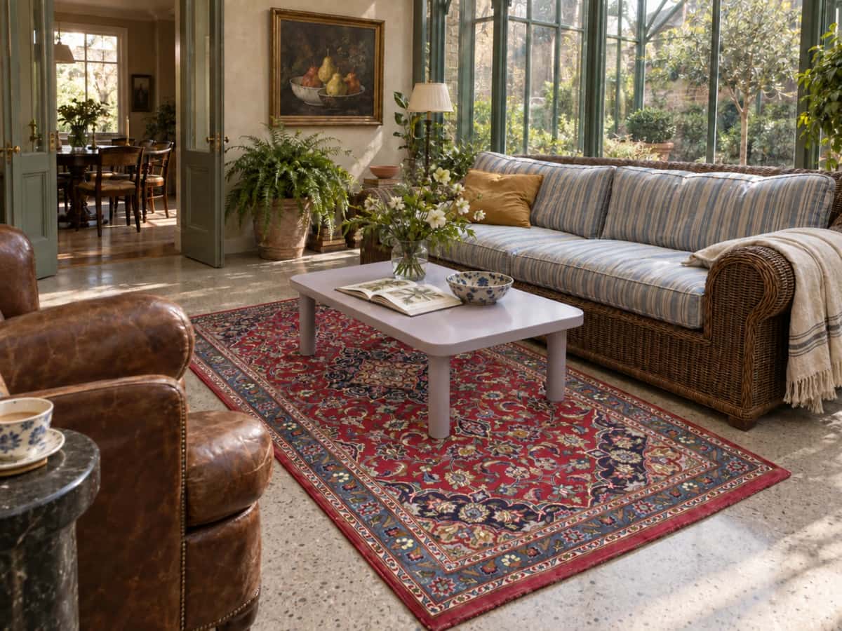 Persian Kashmar rug, oriental, 110x217 cm, mainly red — In a room