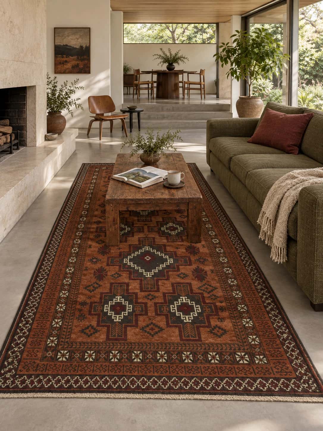 Persian rug, geometric, 137x275 cm, mainly orange — In a room